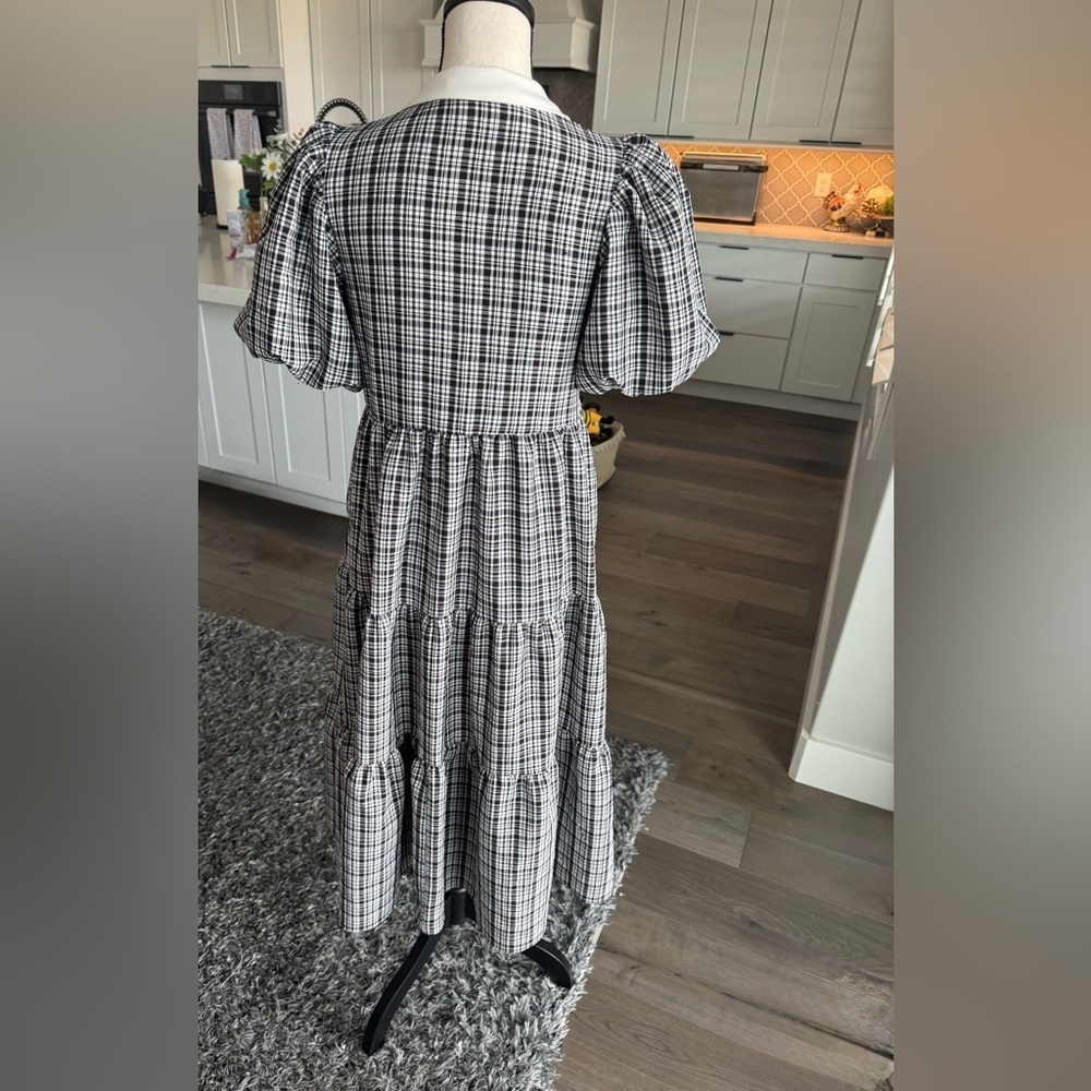 English Factory Black & White Gingham Puff Sleeve Midi Dress | Size XS - Picture 4 of 6